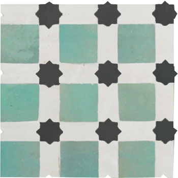 Mosaic House Moroccan tile Alhambra L 12-1-6 Light Green White Black  zellige, mosaic, zellij, field, pattern, glaze, stars 